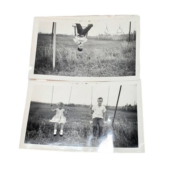 Vtg B&W Photo 1960 Cute Young Children Hanging Upside Down Snapshot Lot of 2 - Picture 1 of 6